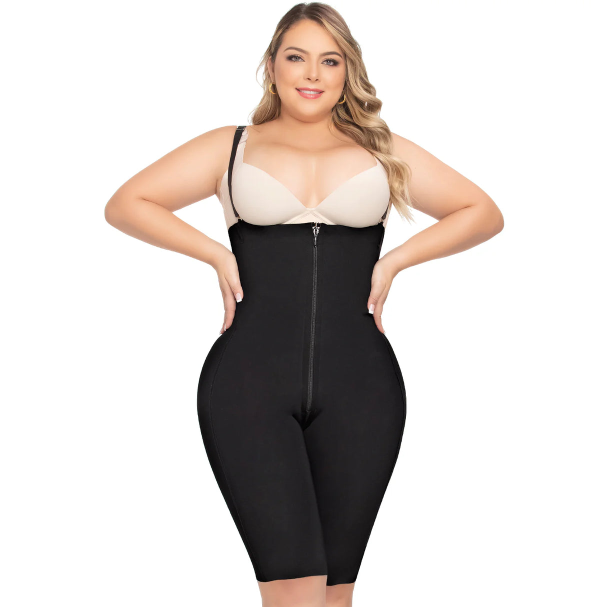 Colombian Seamless Tummy Control Bodysuit – Premium Collection | Removable Straps, Knee Length, Front & Crotch Zipper